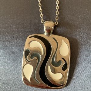 Lia Sophia Pendant Necklace Silver Rectangle with Black and Cream Inlay Design